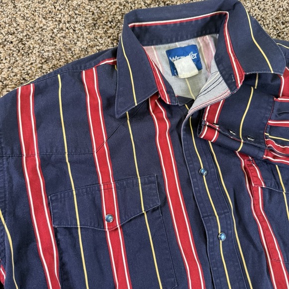 Vintage Men's Wrangler Pearl Snap Western Shirt Large L Striped Blue Red - Picture 4 of 11